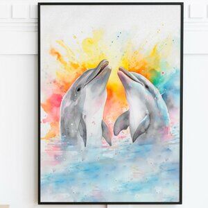 16x20 Happy Dolphins Playing‎ Splashing Watercolor Oil Painting Fantasy Poster